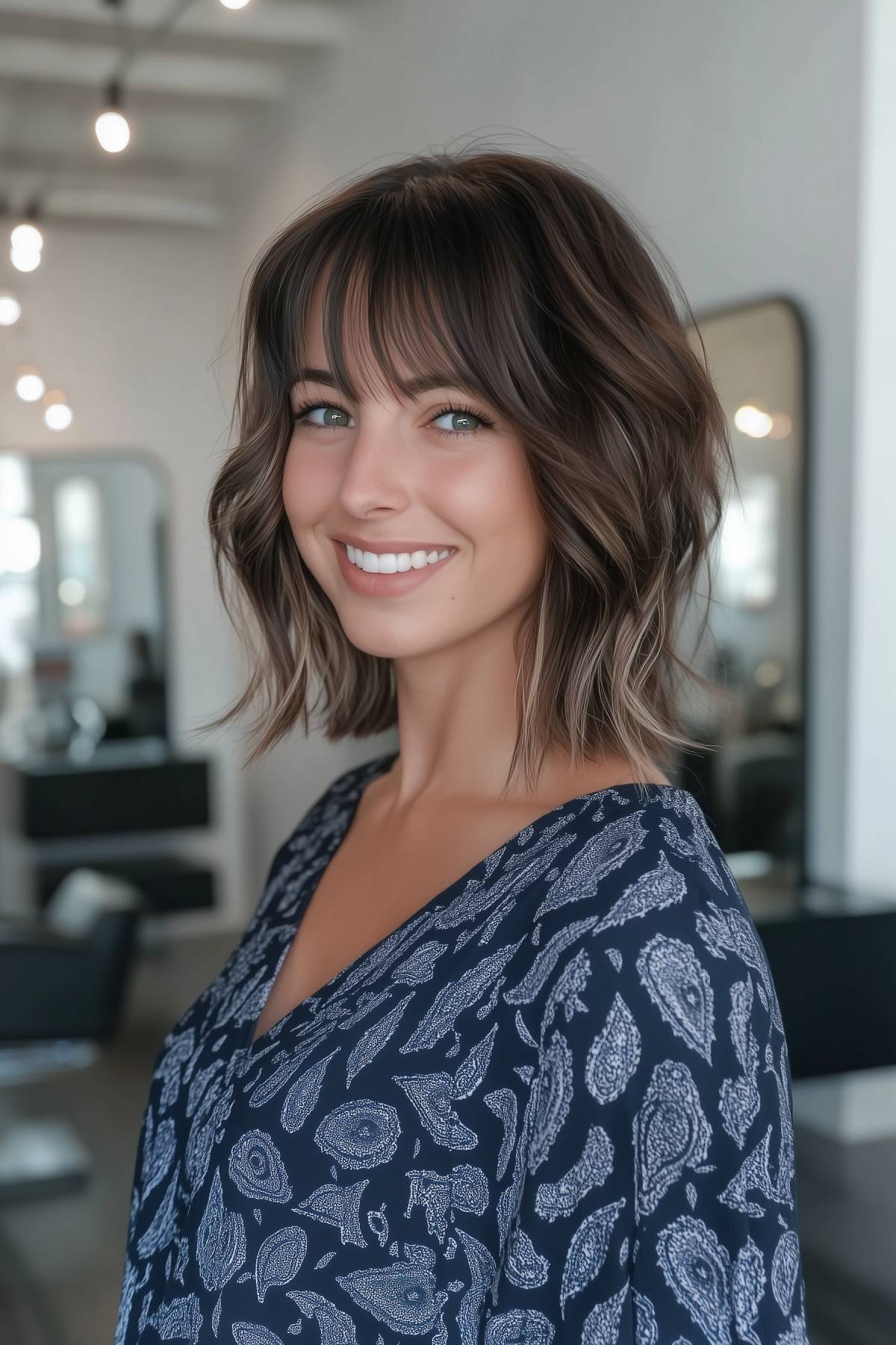 25 Shaggy Lob with Bangs That Flatter Round Faces Perfectly