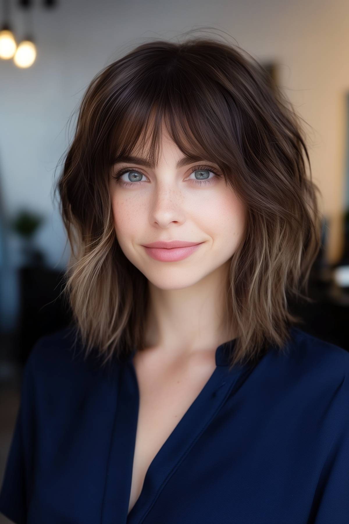 25 Shaggy Lob with Bangs That Flatter Round Faces Perfectly