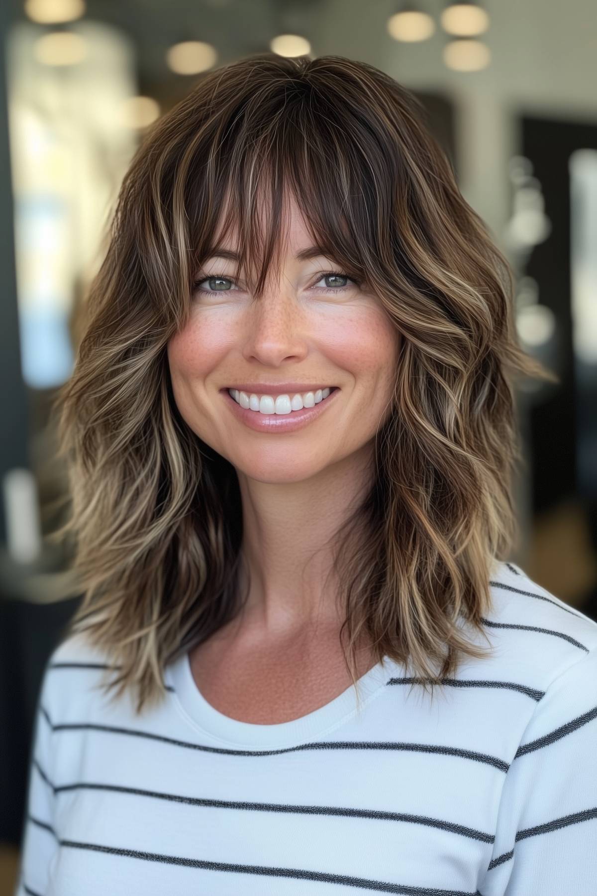 25 Shaggy Lob with Bangs That Flatter Round Faces Perfectly