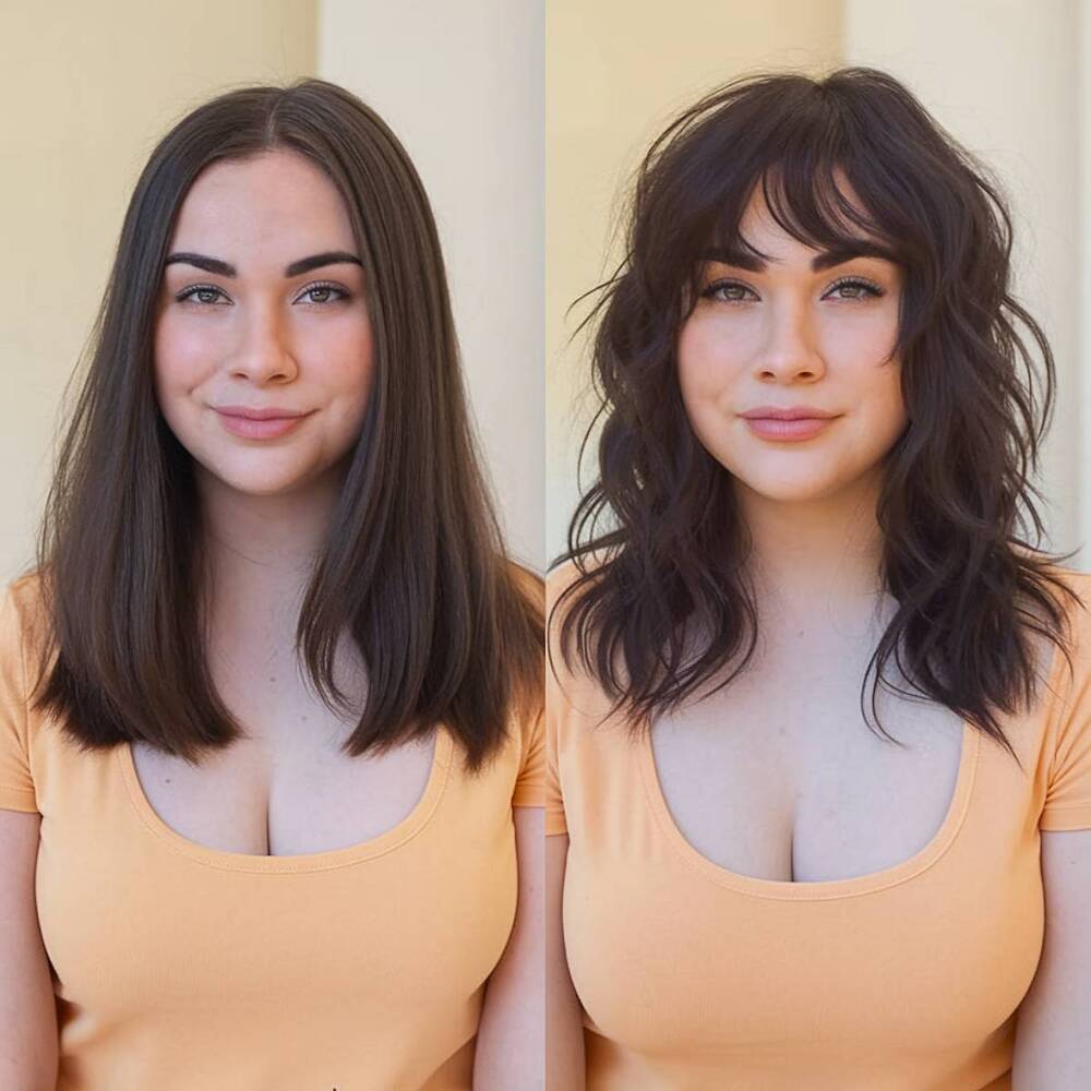15+ Flattering Wavy Hair with Bangs Styles for Round Faces in 2025